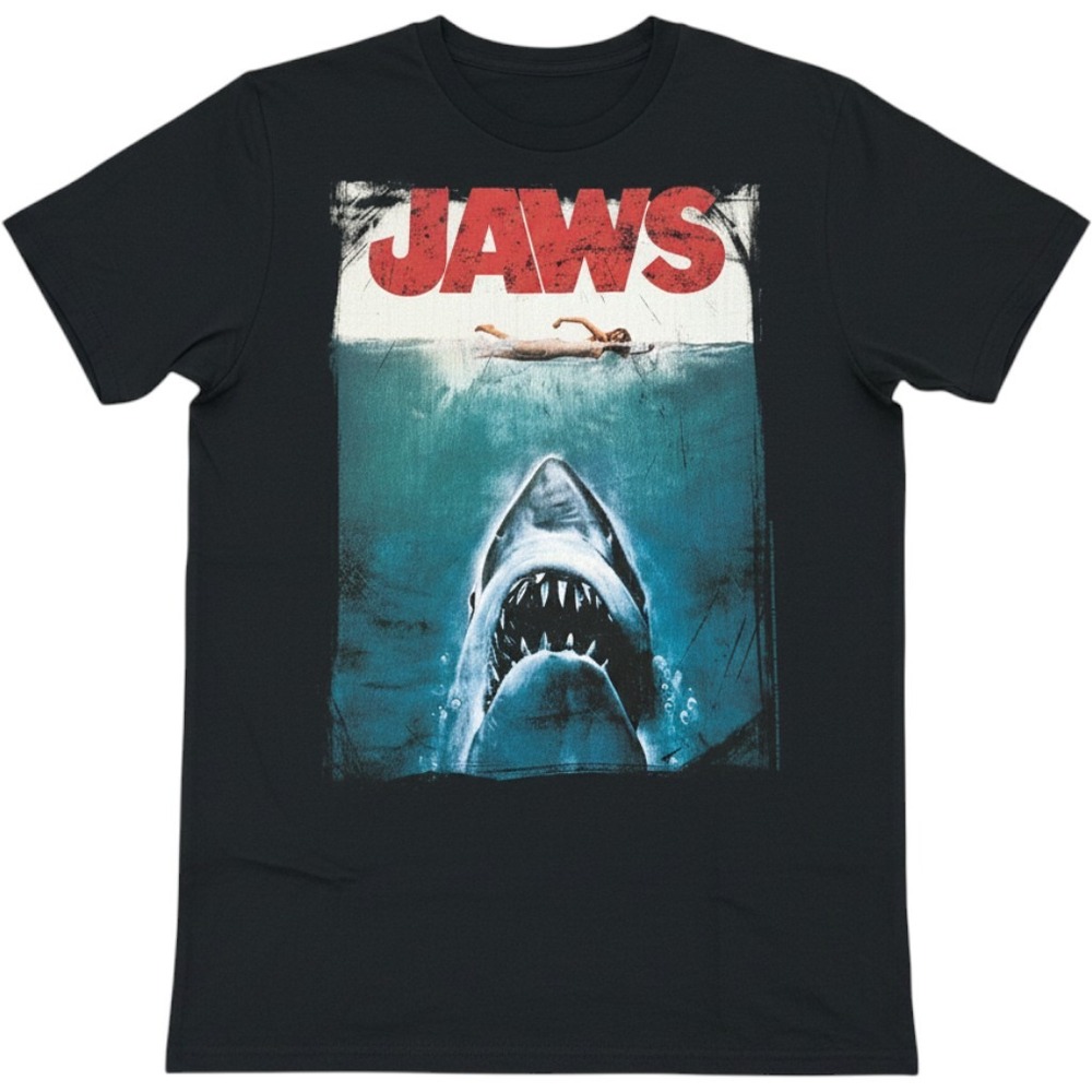 Jerzees Jaws Movie Poster Graphic T-Shirt Mens Medium Black Shark Short Sleeve